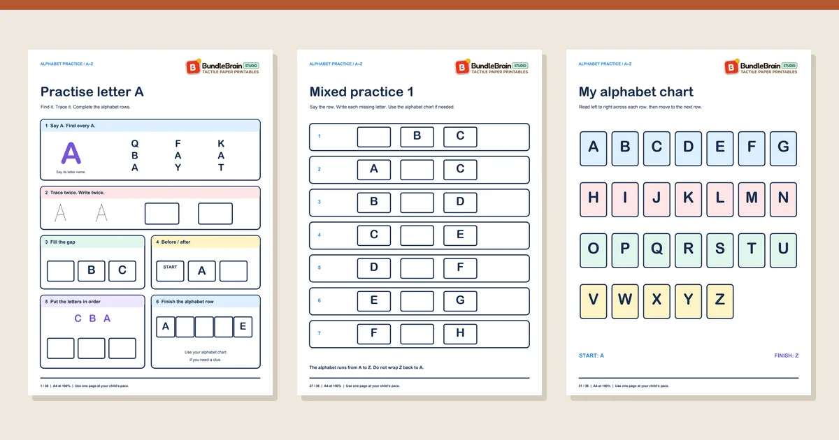 Three actual worksheet pages from Alphabet Practice A–Z