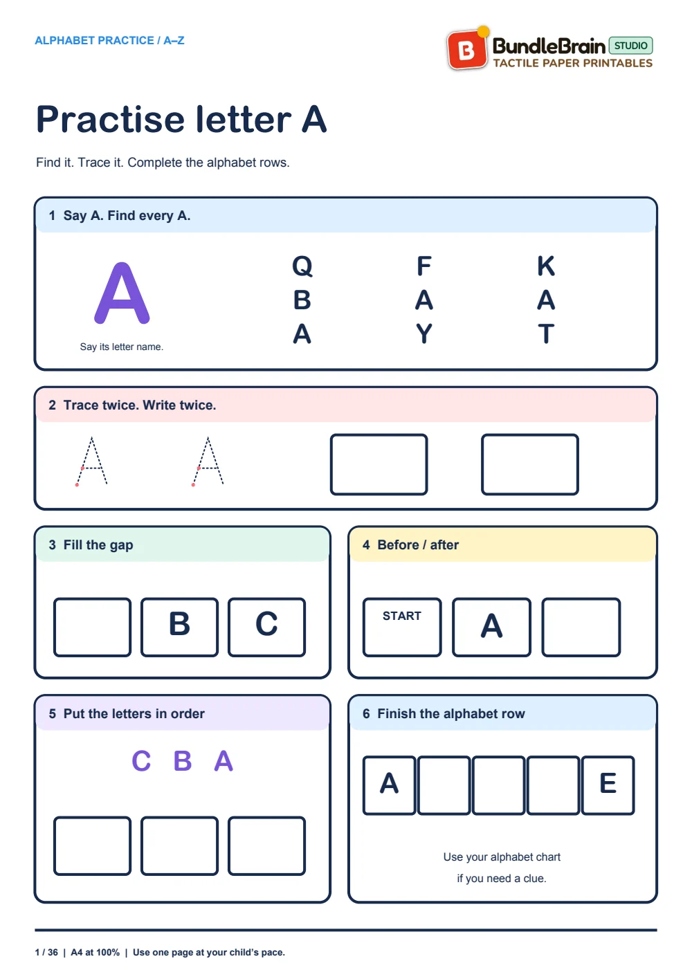 Six short tasks for the capital letter A.
