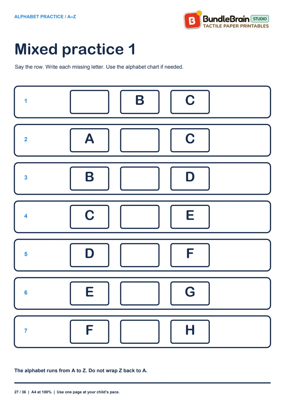 Mixed practice for remembering letters in sequence.