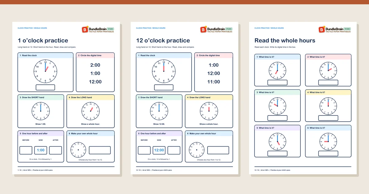 Three actual worksheet pages from Clock Practice: o’clock