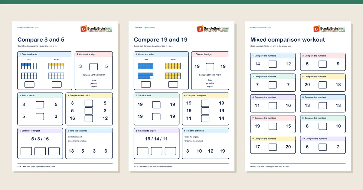 Three actual worksheet pages from Compare Numbers 1–20
