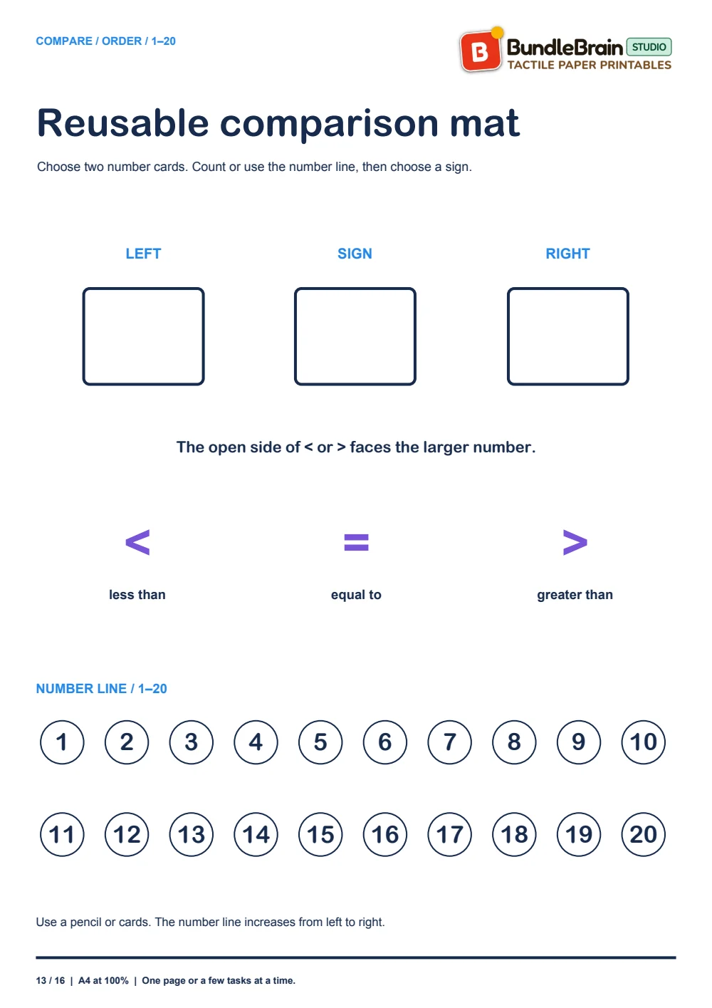 Number and sign cards fit the reusable comparison mat.
