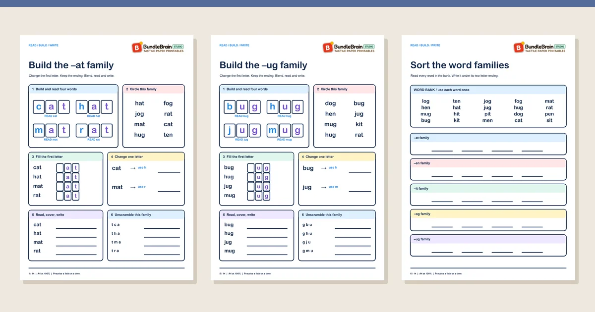Three actual worksheet pages from CVC Word Family Builders