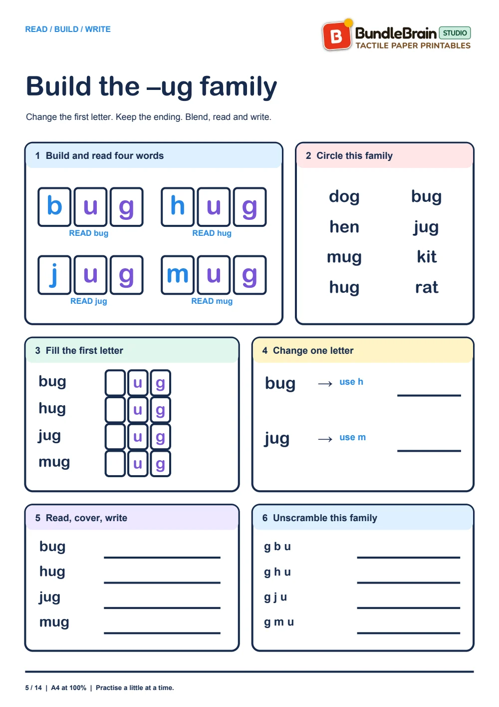 Practise the short-u –ug family.