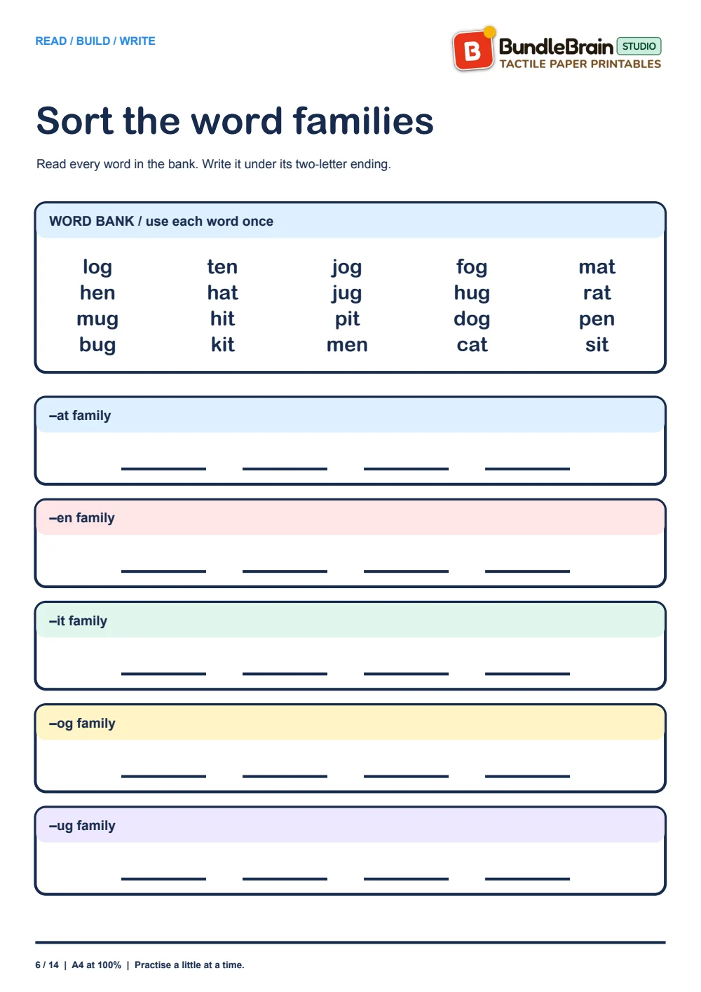 Sort words across all five families.