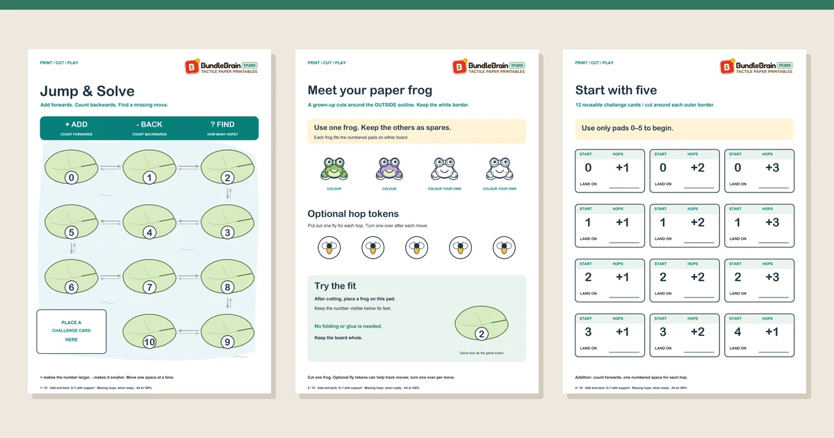 Three actual worksheet pages from Jump & Solve: three number-path games