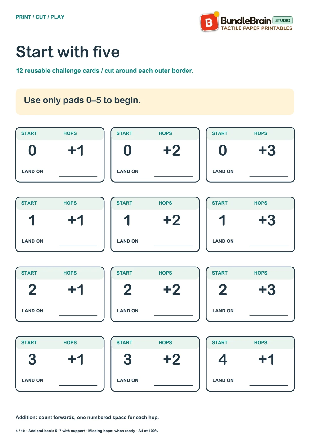 Begin with addition cards within five.