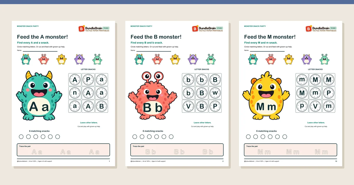Three actual worksheet pages from Feed the Letter Monsters A–Z
