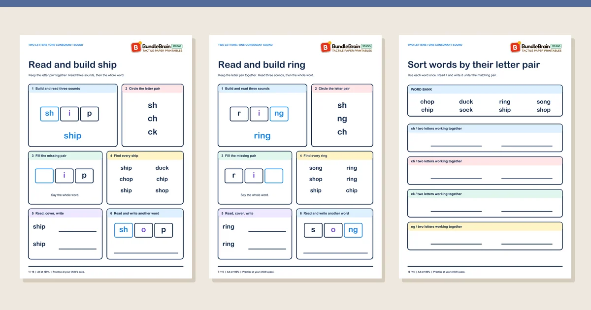 Three actual worksheet pages from Letter Pair Lab: sh, ch, ck and ng