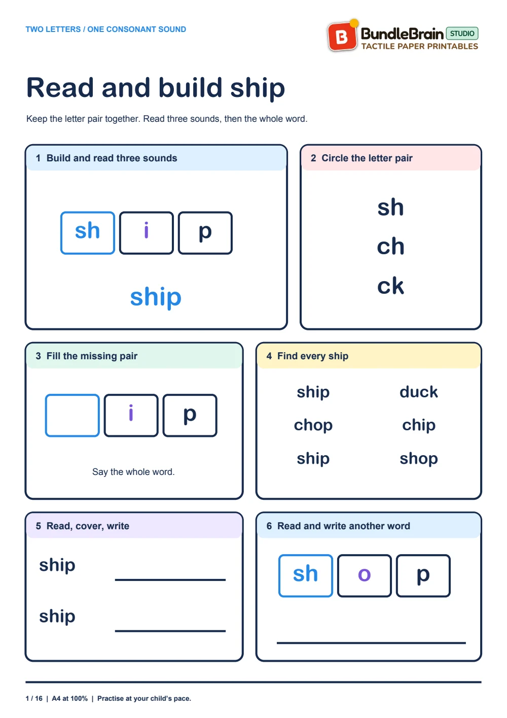 Build ship using three sound pieces: sh / i / p.