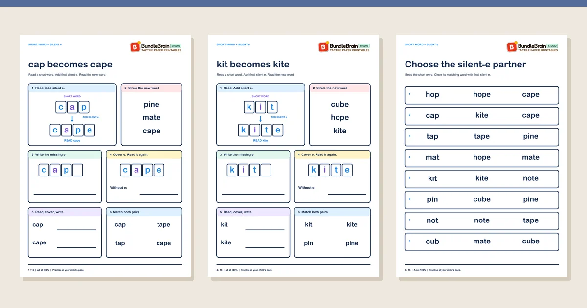 Three actual worksheet pages from Magic E Word Lab