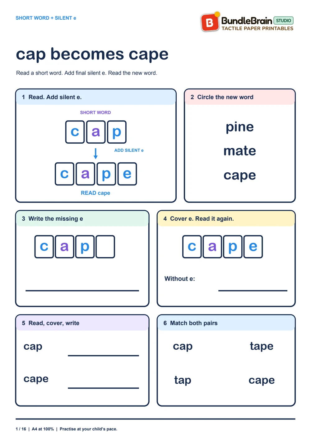 Read cap, add silent e, and read cape.