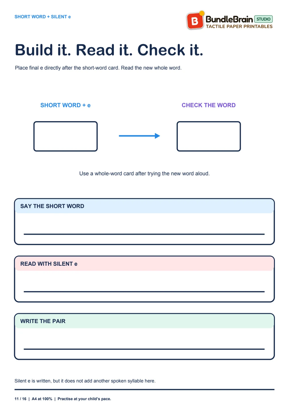 Add e beside a short-word strip on the reusable mat.