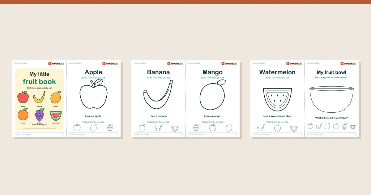 Three actual worksheet pages from My Little Fruit Book
