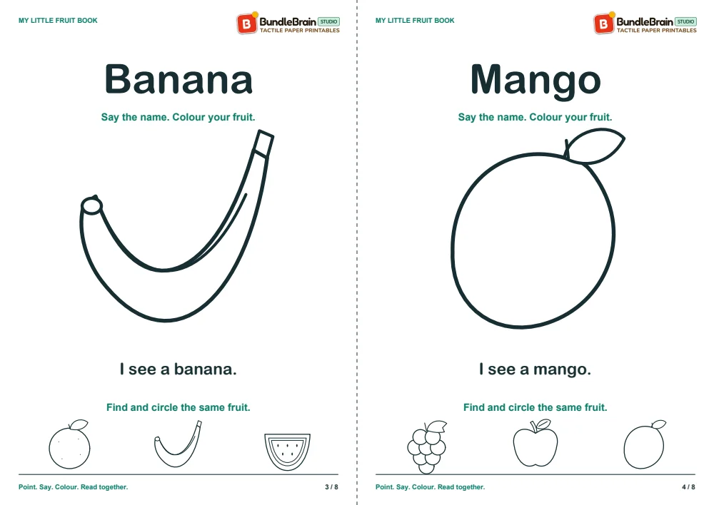 Banana and mango pages for picture talk and matching.