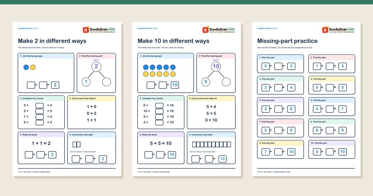 Three actual worksheet pages from Number Bond Workshop 2–10