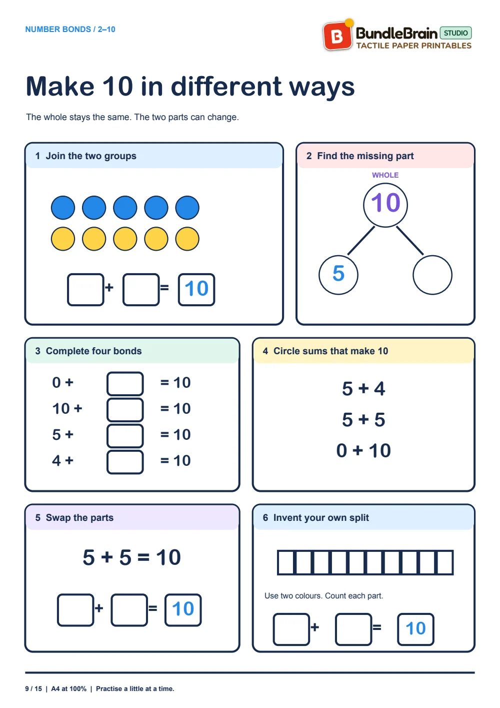 Find different ways to split a whole of 10.