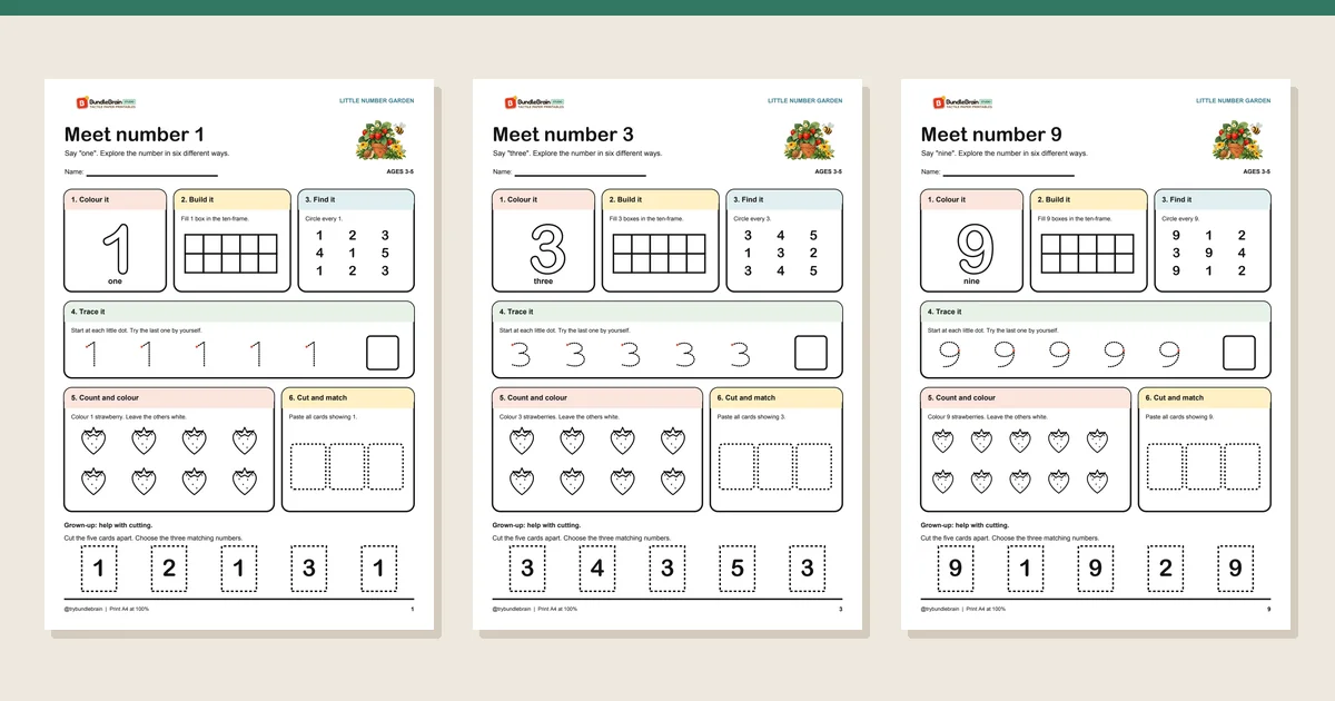 Three actual worksheet pages from Little Number Garden: numbers 1–9
