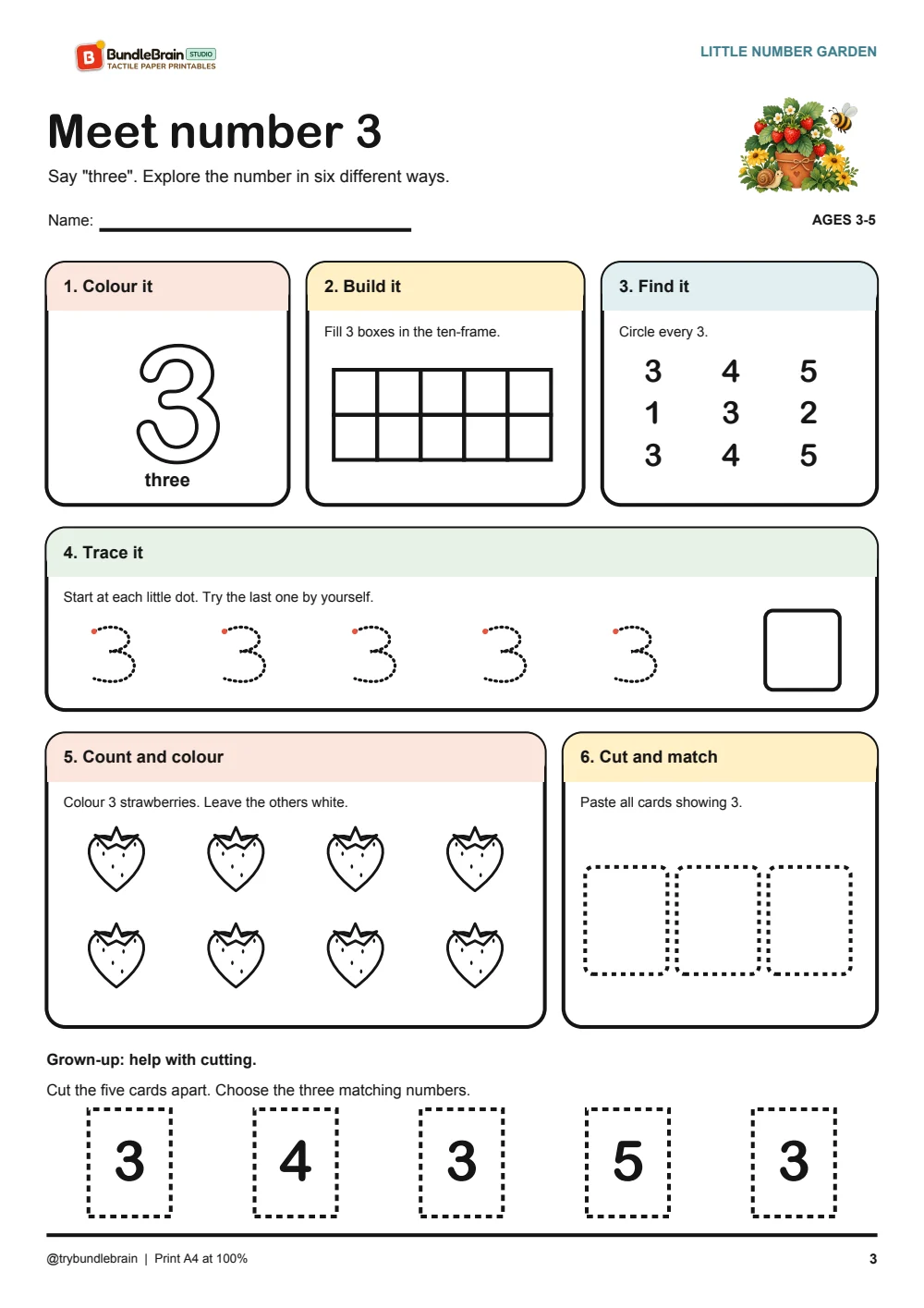 Number 3 shown as a numeral, a ten-frame and a picture quantity.