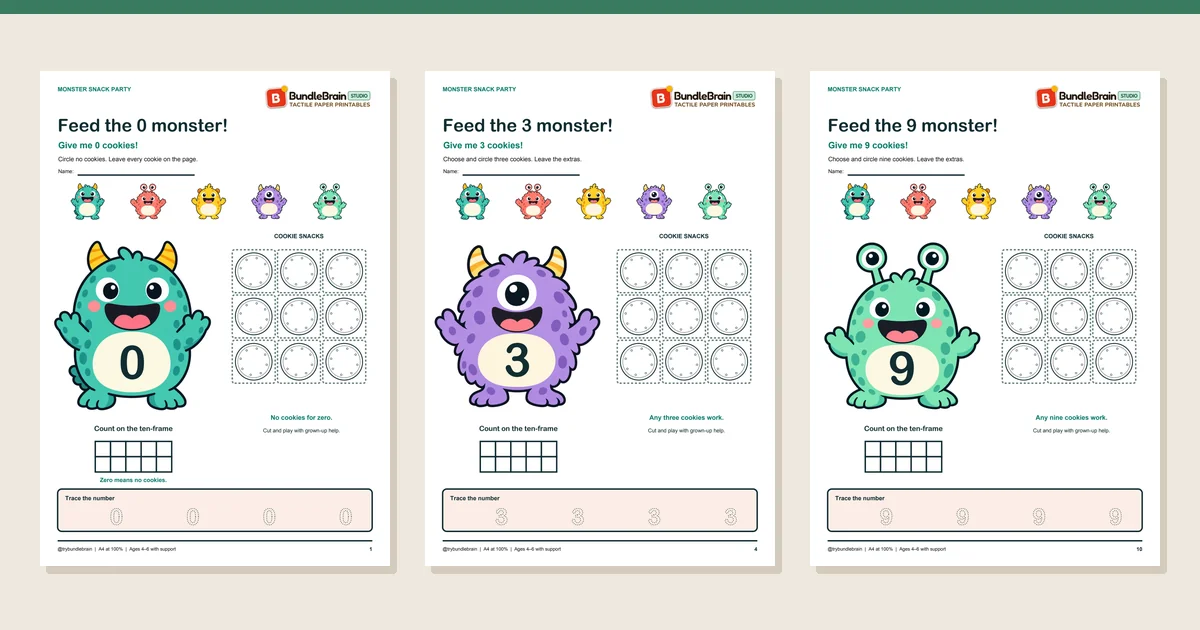 Three actual worksheet pages from Feed the Number Monsters 0–9