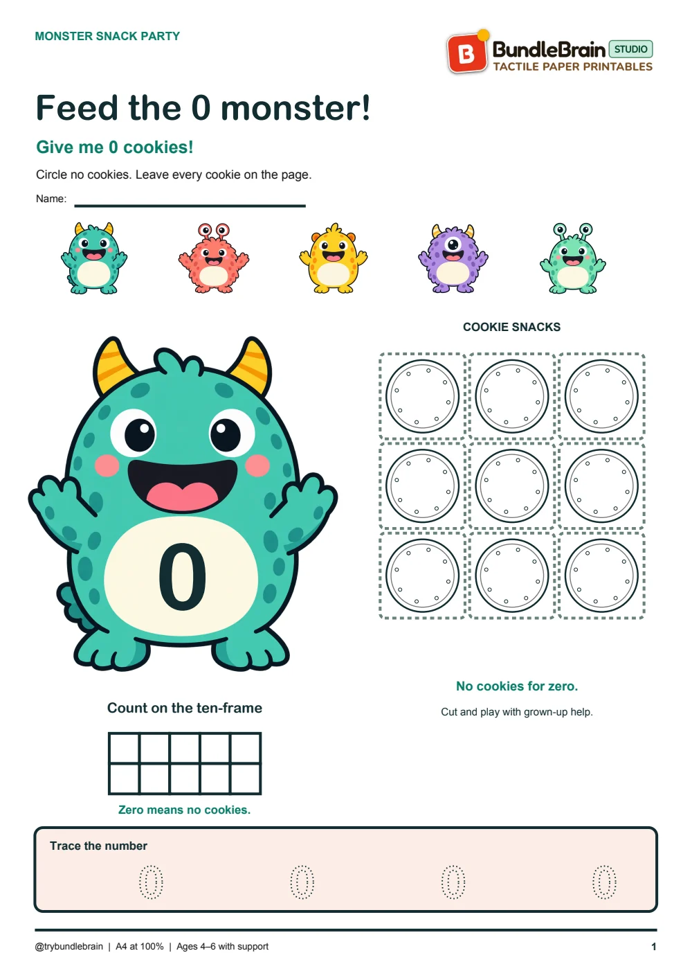 Zero cookies: leave the snacks and the ten-frame empty.