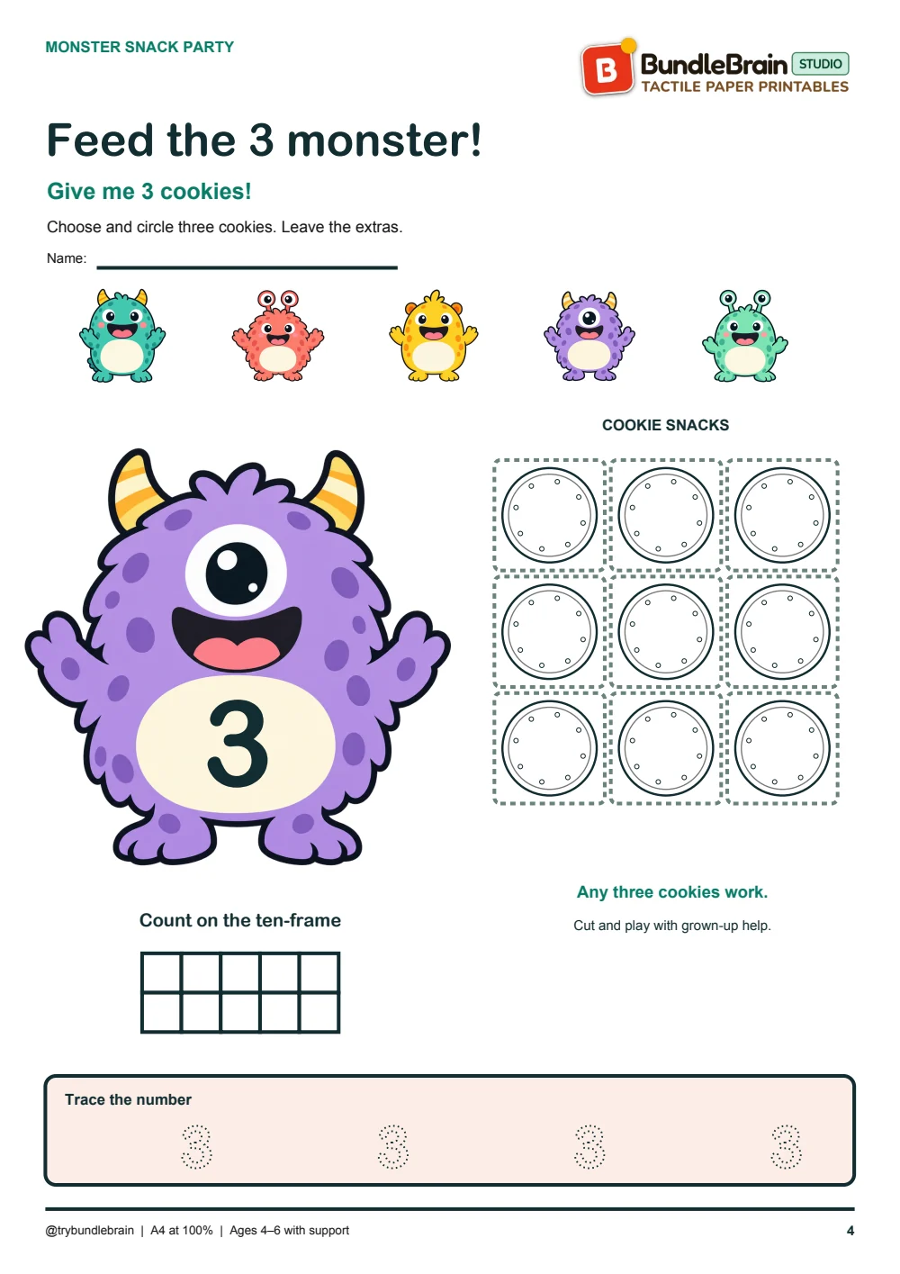 Choose three cookies and represent three on the ten-frame.