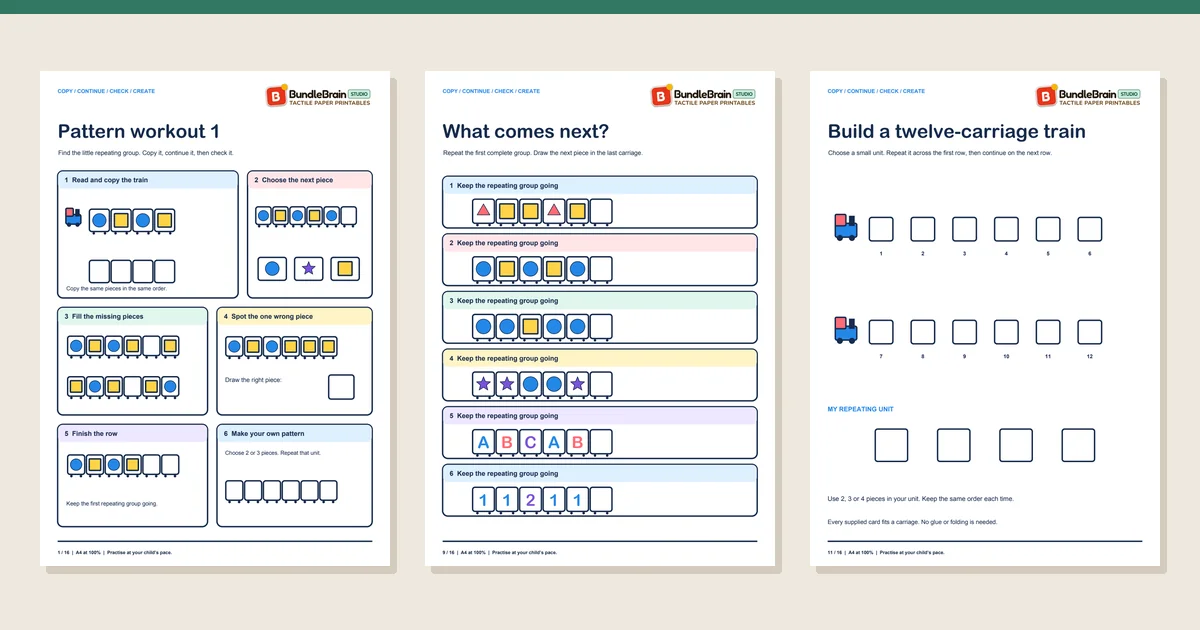 Three actual worksheet pages from Pattern Train Practice