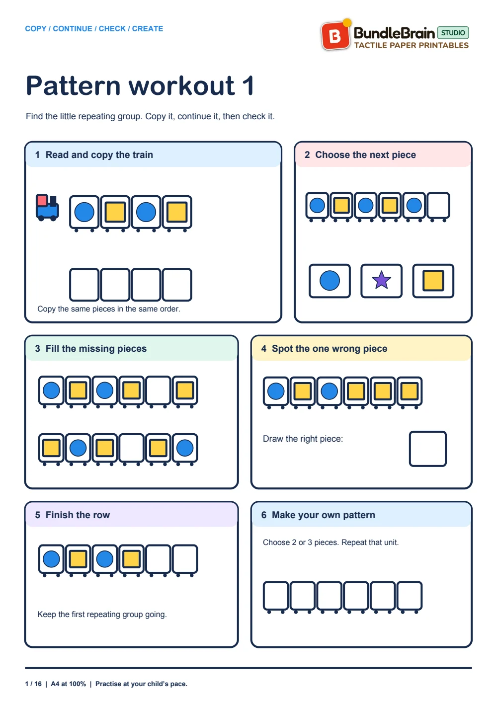 Copy and continue a repeating pattern.