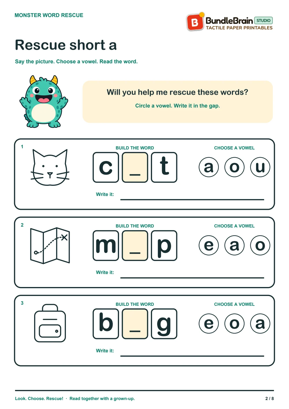 Word Rescue worksheet with short-a words