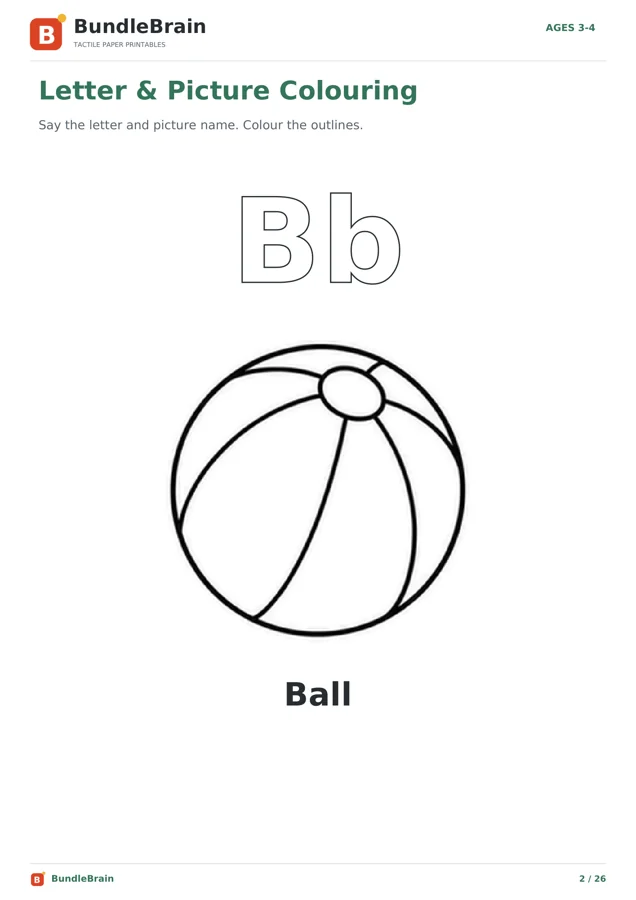 Actual ages 3–4 alphabet colouring page with letter B and a ball