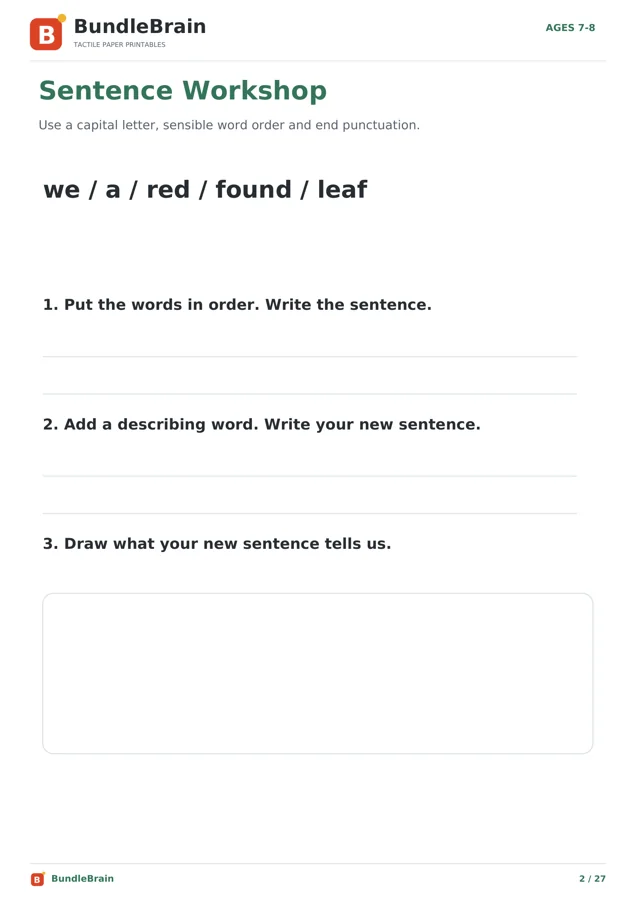 Actual ages 7–8 sentence workshop with word order and writing practice