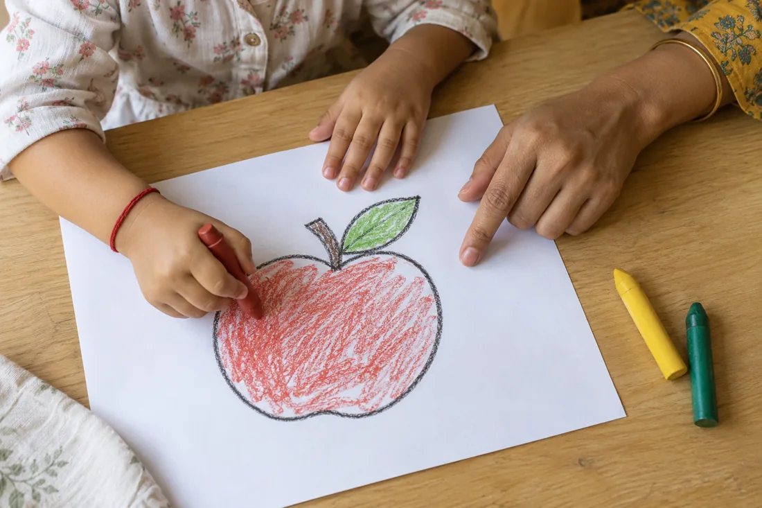 Illustrative scene of a grown-up and child sharing a colouring activity