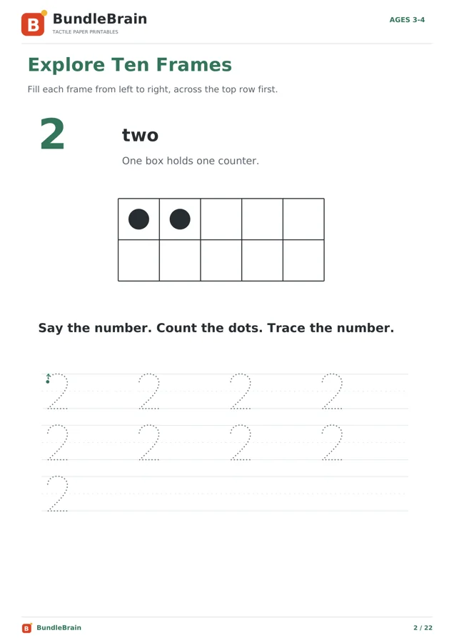 Actual ages 3–4 number two activity with a ten frame and tracing practice