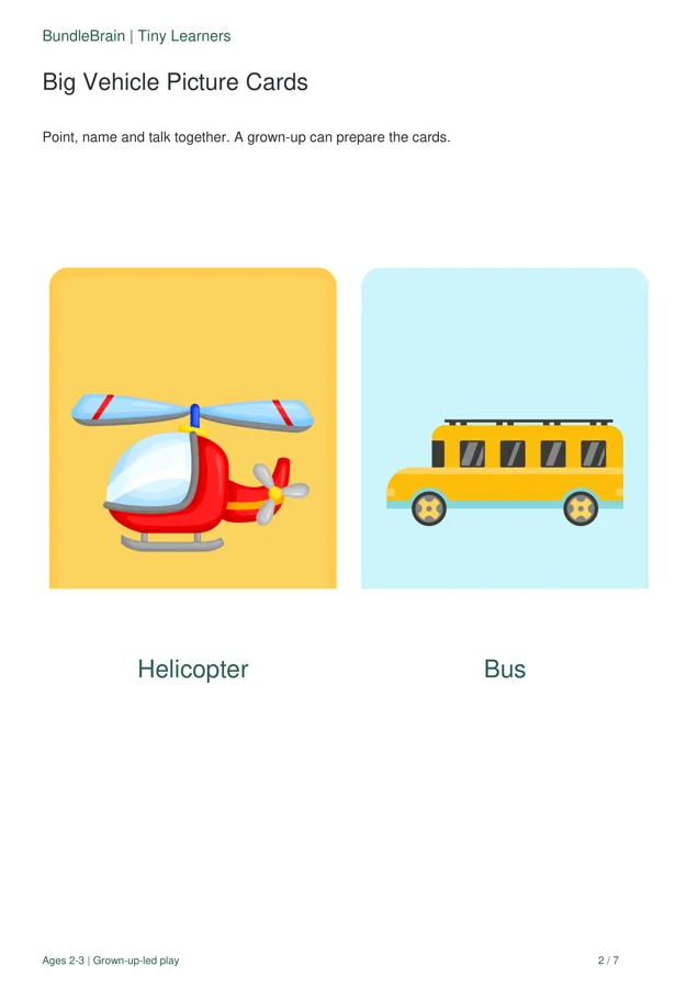 Actual Tiny Learners picture cards showing a helicopter and a bus